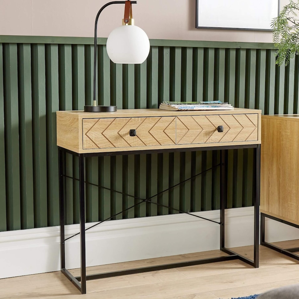 image 1 of Console Table 2 Drawers Aztec Design Oak Effect Metal Legs Hallway Storage Unit