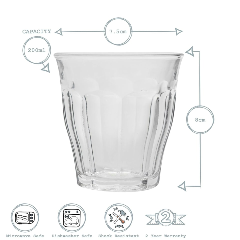 image 1 of Duralex Picardie Drinking Glasses - 200ml Tumblers for Water, Juice - Clear - Pack of 6 Clear
