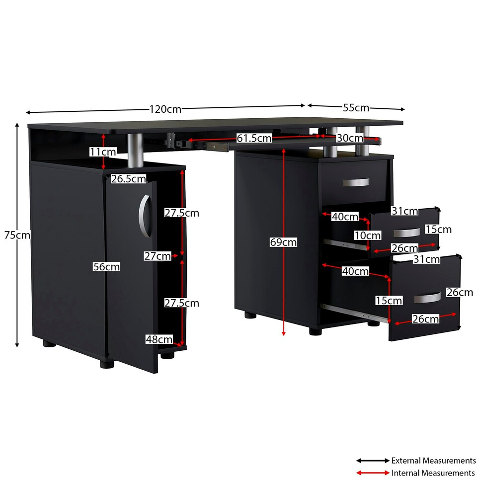 image 1 of Vida Designs Otley 3 Drawer Computer Desk Home Office Workstation, Black