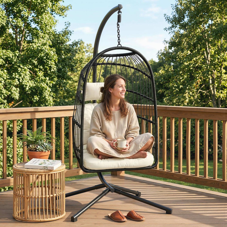 image 1 of Outsunny Hanging Egg Chair, Outdoor Swing Chair with Stand, Black/Cream | Black | Black/Cream White | One Size