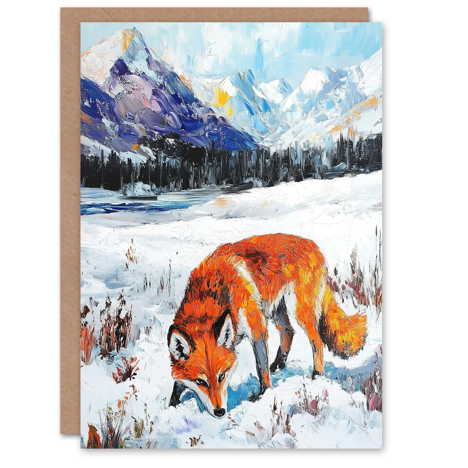 image 1 of Red Fox in Snowy Mountain Winter Landscape Birthday Greeting Card