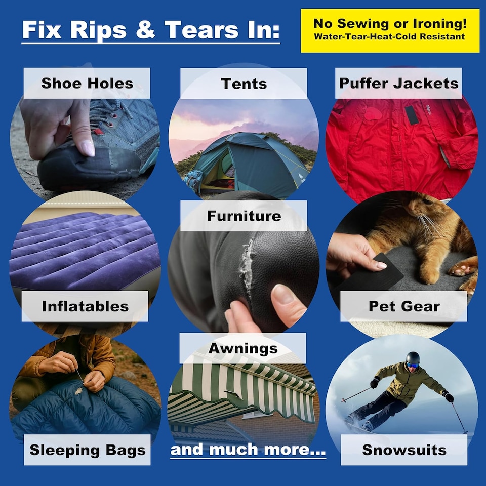 image 1 of aZengear Repair Patches - Waterproof, Self-Adhesive, Tear-Cold-Heat-Resistant to Fix Down Jackets, Tents, Upholstery, Black 2 Pack