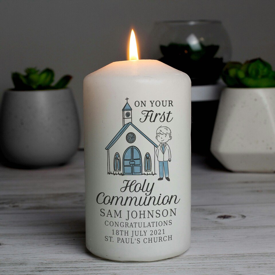 image 1 of Personalised Boys First Holy Communion Pillar Candle White