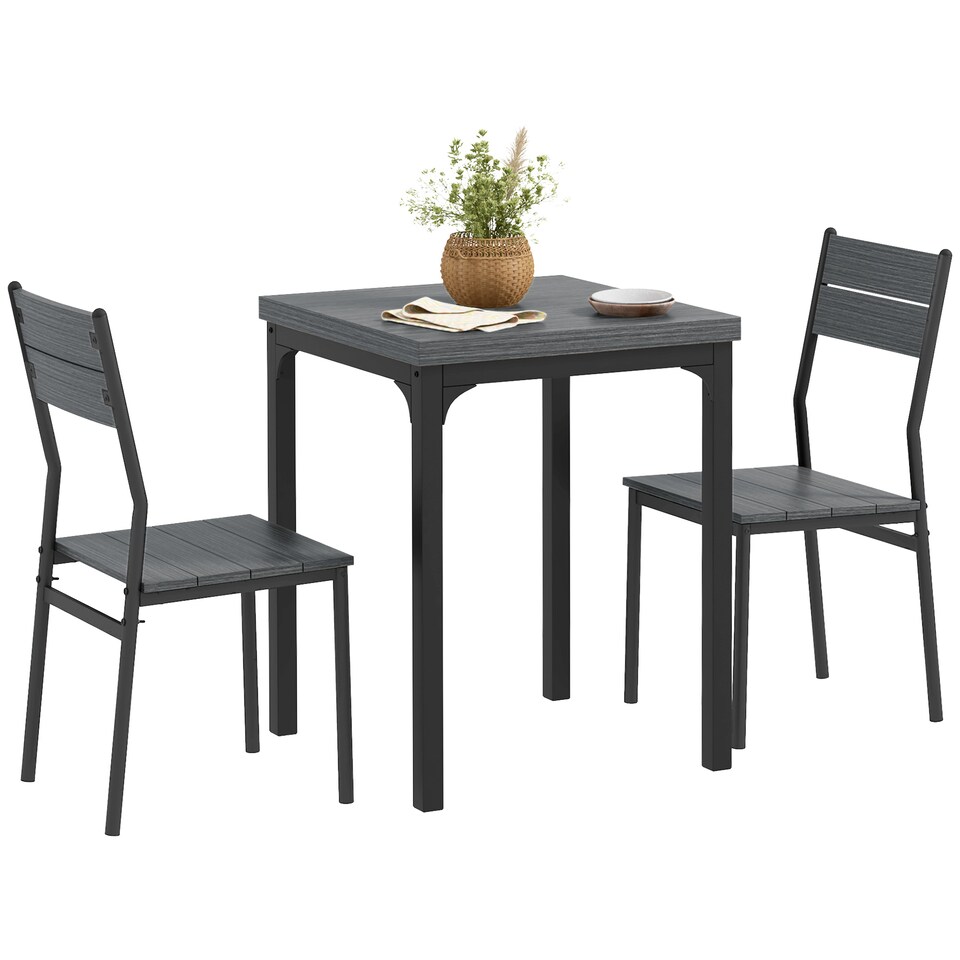 image 1 of HOMCOM 3 Pieces Compact Dining Table 2 Chairs Set Wooden Metal Legs Bistro Cafe Kitchen Breakfast Bar Home Furniture, Grey Wood Grain | Grey | Grey | 3
