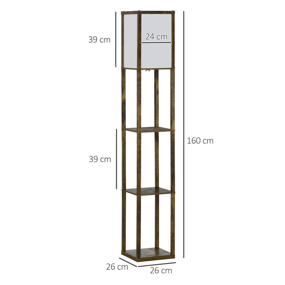 image 1 of HOMCOM 3Tier Floor Lamp, Floor Light with Storage Shelf, Reading Standing Lamp with Acrylic Shade for Living Room, Bedroom, Kitchen, Dining Room, Office, Dorm, 160cm, Brown