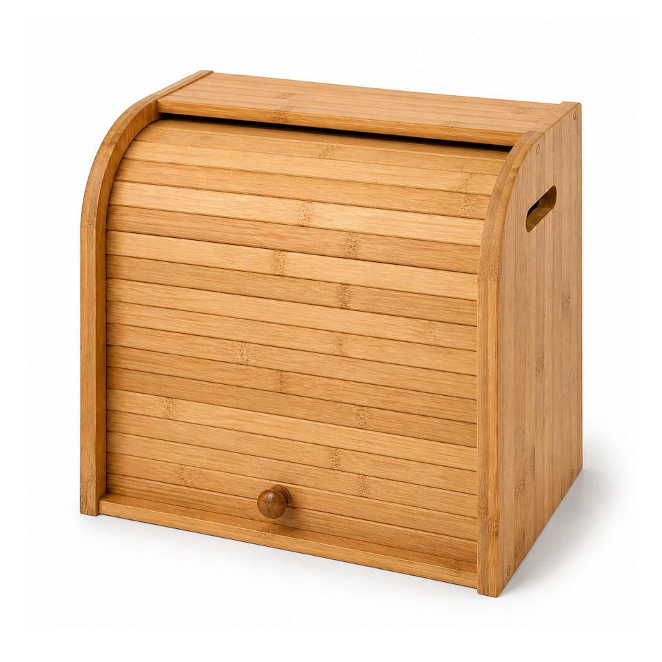 image 1 of Double Layer Roll Top Bamboo Wooden Bread Bin Kitchen Storage | Brown