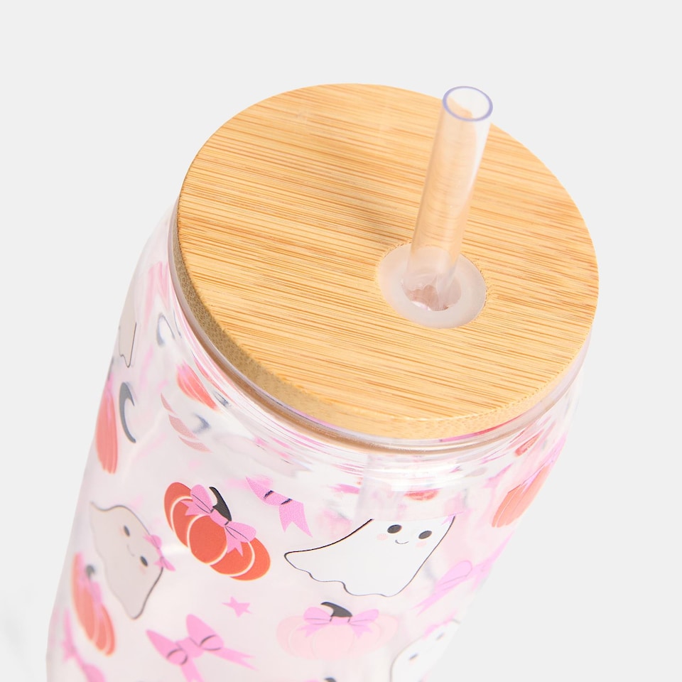 image 1 of OHS 2 Pack Halloween Plastic Cups with Bamboo Lids Clear Drinking Jar