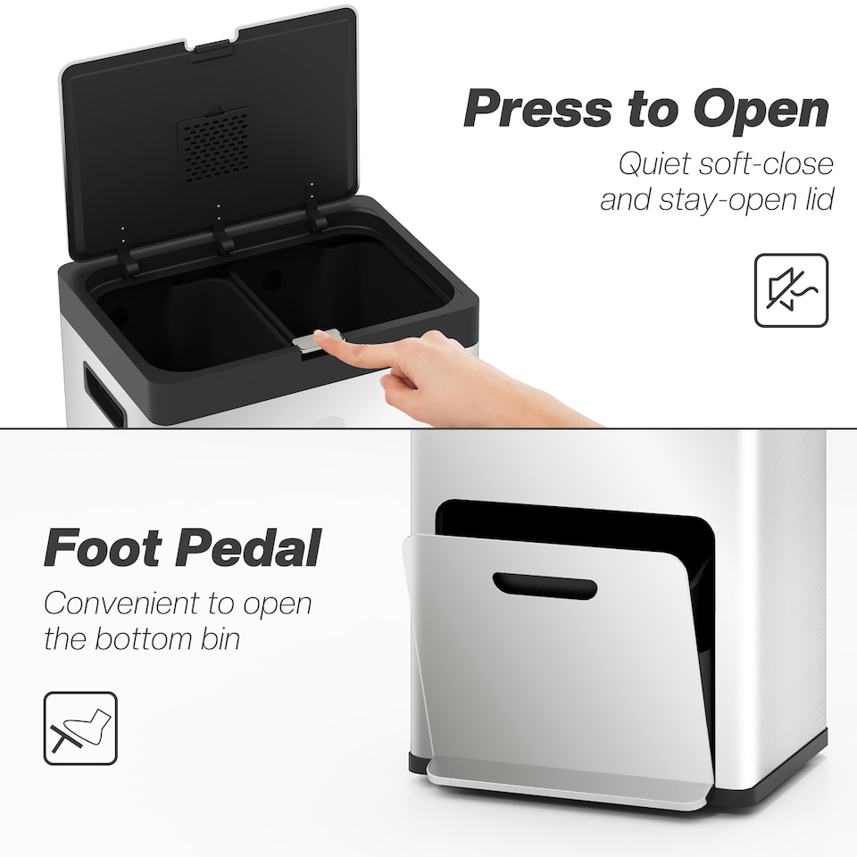 image 1 of HOMCOM Kitchen Bin, 2 x 18L and 20L Volumes, Stainless Steel 3 Compartment Bin with Wheels, Soft Close Lid, Removable Inner Buckets, Fingerprint-Proof for Recycling and Waste, Silver Tone | Silver | 1