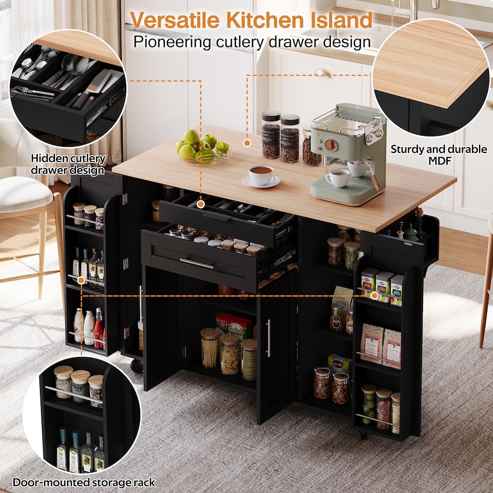 image 1 of VILUXE Mobile Kitchen Island with Foldable Worktop, Hidden Cutlery Drawer, Large Drawer, Adjustable Shelves, Door Racks, Towel Rack, Spice Rack and 5 Wheels, Black and Natural Wood