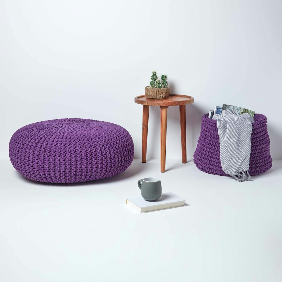 image 1 of Homescapes Deep Purple Large Round Cotton Knitted Pouffe Footstool