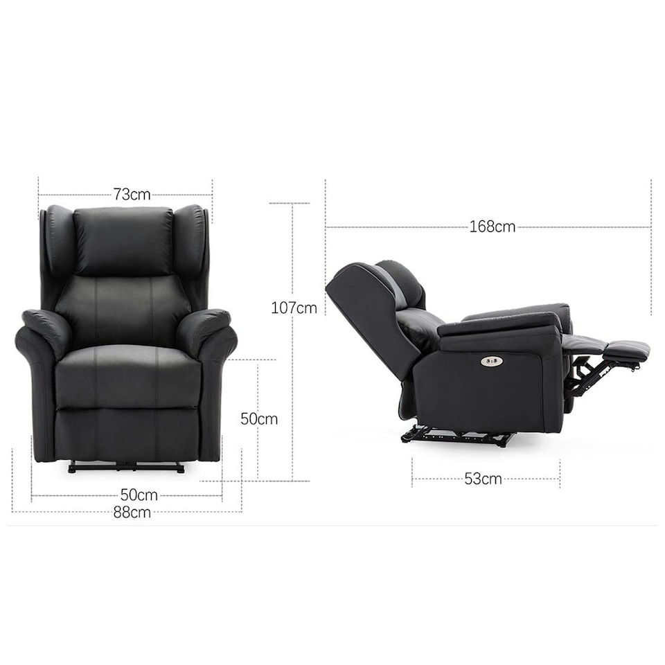 image 1 of Electric Recliner Chair Wingback Design & USB Port In Bonded Leather (Black)