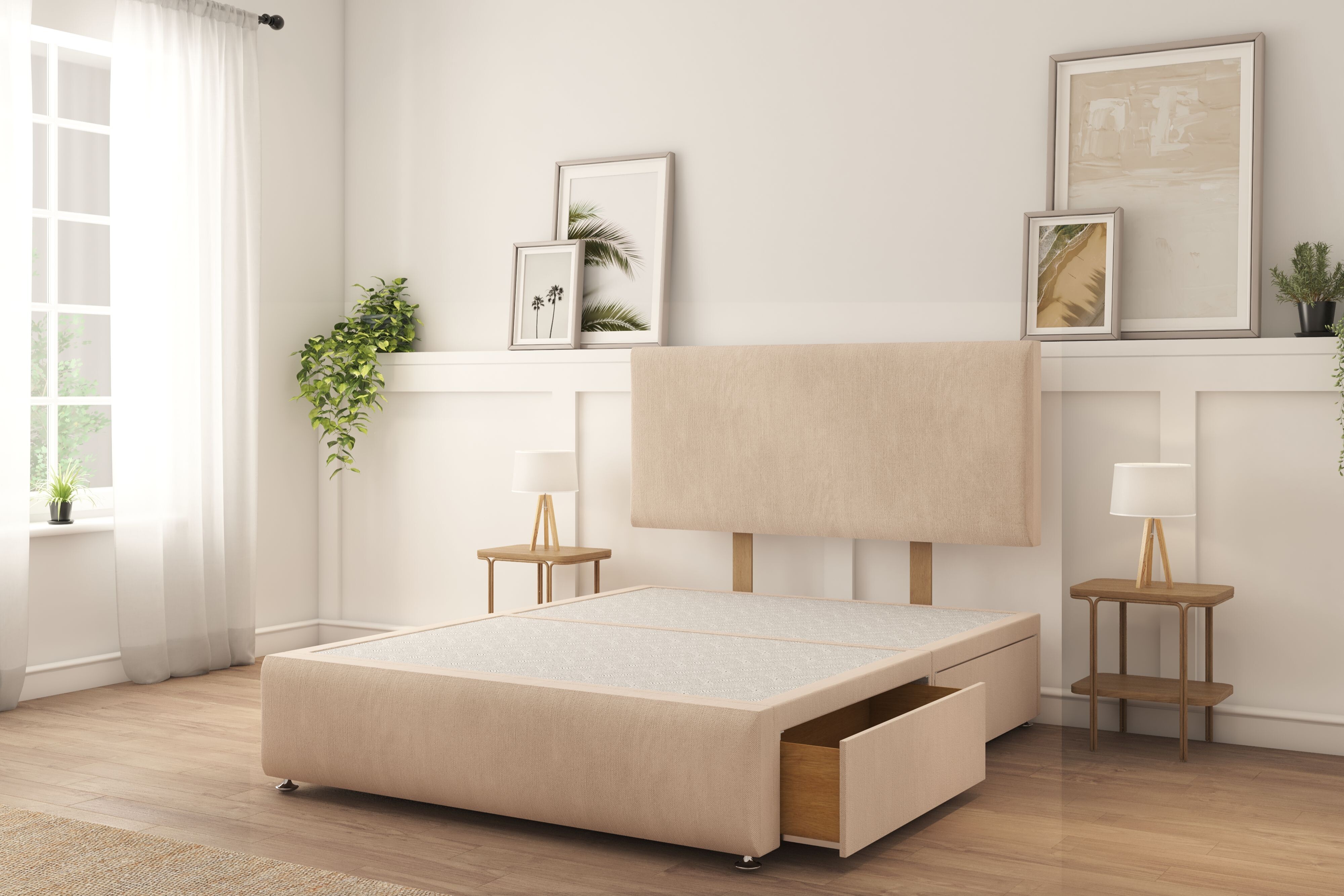 Sloomy Rutherford Sand Naples Divan Bed Base 2 Drawers Right Side With 26" Strutted Headboard & 12" Footboard 4'6 Double