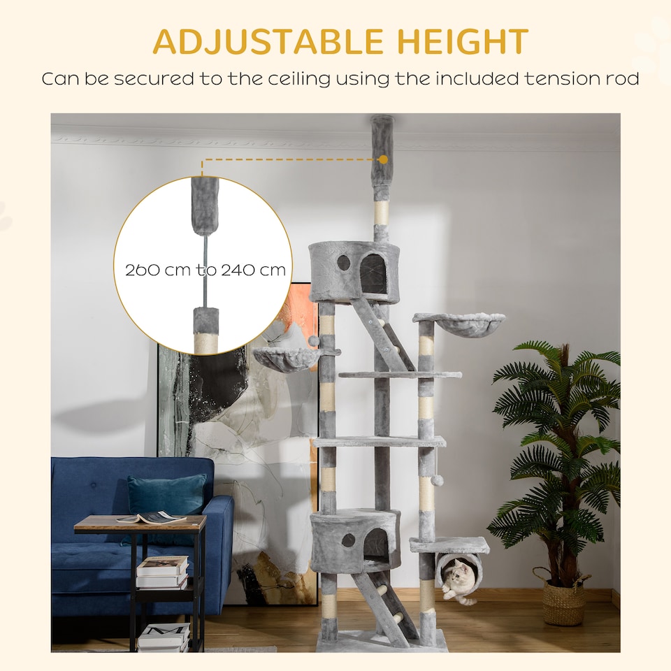 image 1 of PawHut Kitten Tower Adjustable 240-260cm, Scratch Posts, Houses
