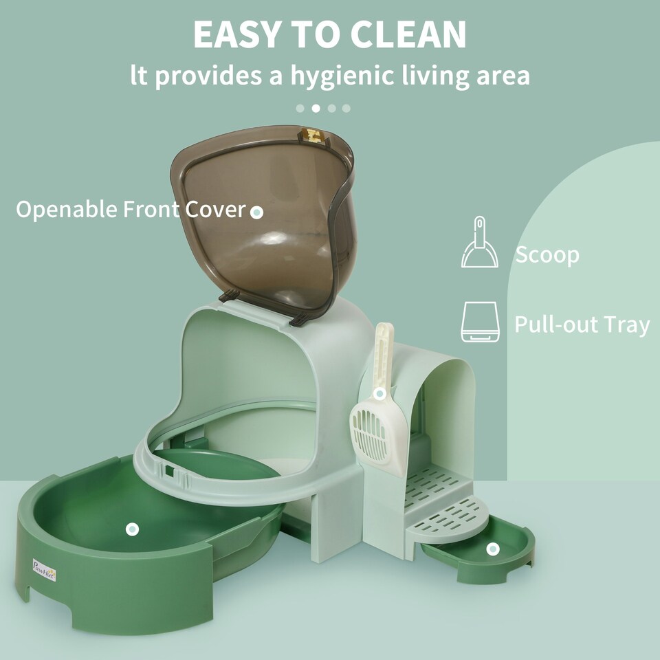 image 1 of PawHut 2 In 1 Cat Litter Tray w/ Drawer Pans, Scoop, Openable Cover - Green