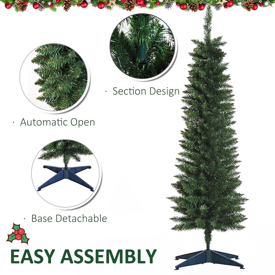 image 1 of HOMCOM 5ft Unlit Artificial Christmas Tree, Pencil Slim mas Tree with Solid Stand and Realistic Branches, Green