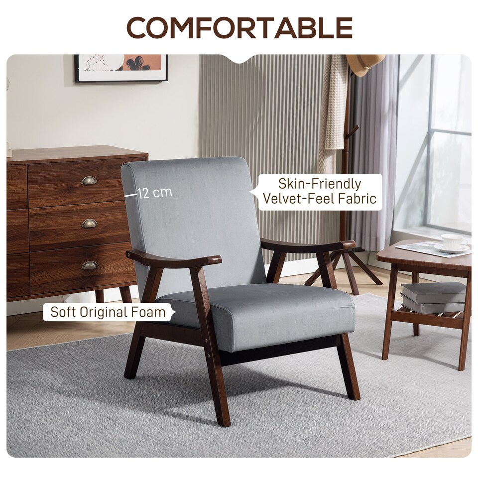 image 1 of HOMCOM Nordic Accent Chair, Upholstered Velvet Armchair with Solid Wood Frame and Soft Thick Padded for Living Room, Bedroom, Grey | Grey | Grey