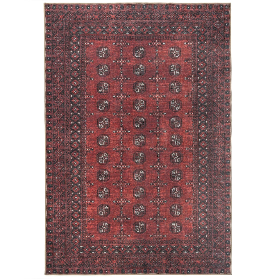 image 1 of KUKOON Distressed Red Traditional Persian Non Slip Washable Low Pile Rug 60cm x 110cm Red
