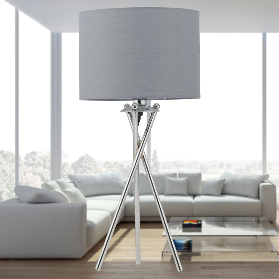 image 1 of First Choice Lighting Set of 2 Chrome Tripod Table Lamps with Grey Cotton Shades Chrome | Grey
