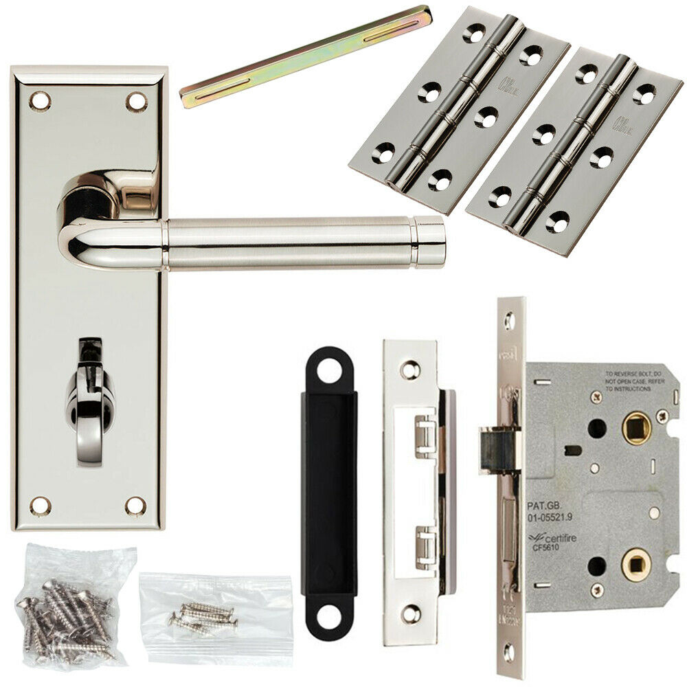 Loops Door Handle & Bathroom Lock Pack Polished & Satin Nickel Round Lever Backplate in Metallics