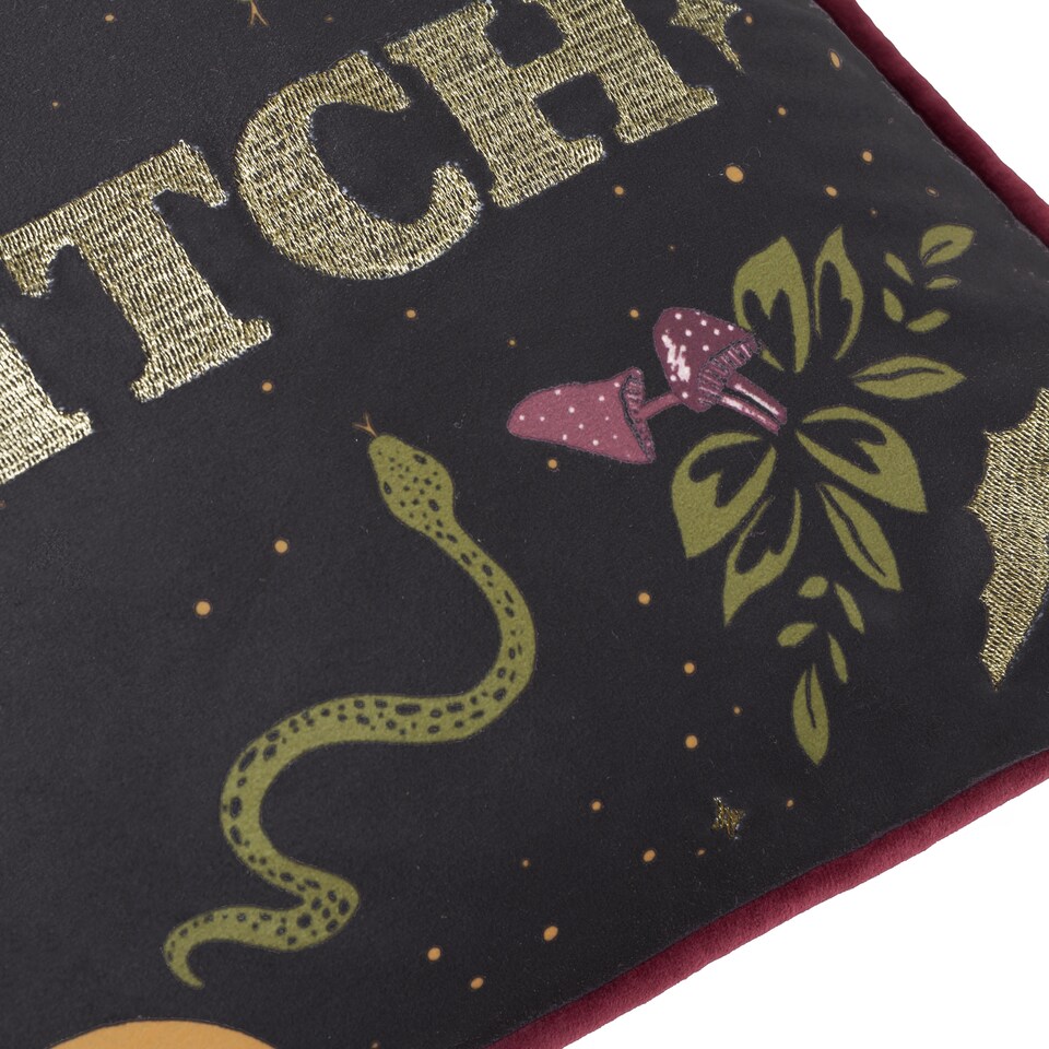 image 1 of Furn Bad Witch Embroidered Velvet Cushion | Black | Black Magic