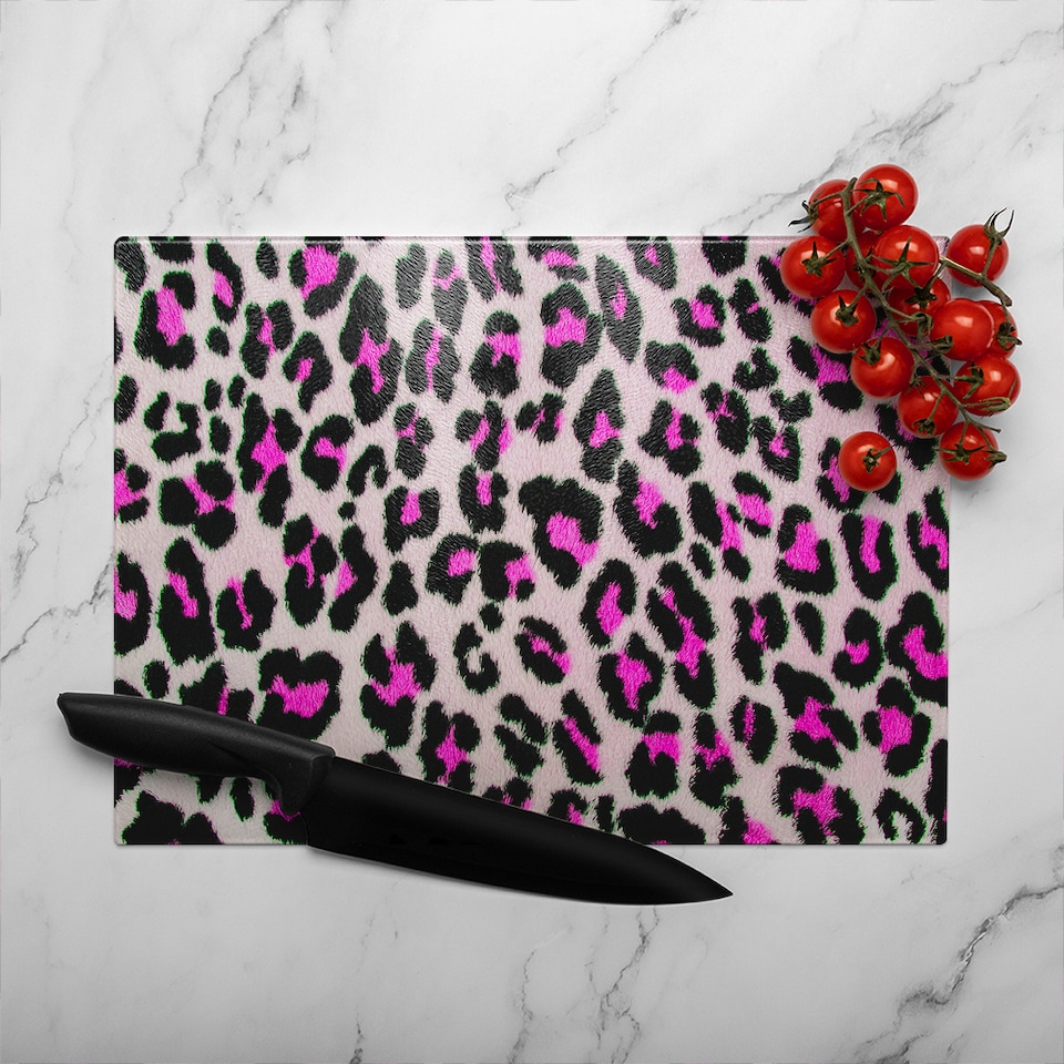 image 1 of Pink Fluffy Leopard Glass Chopping Board | Multi