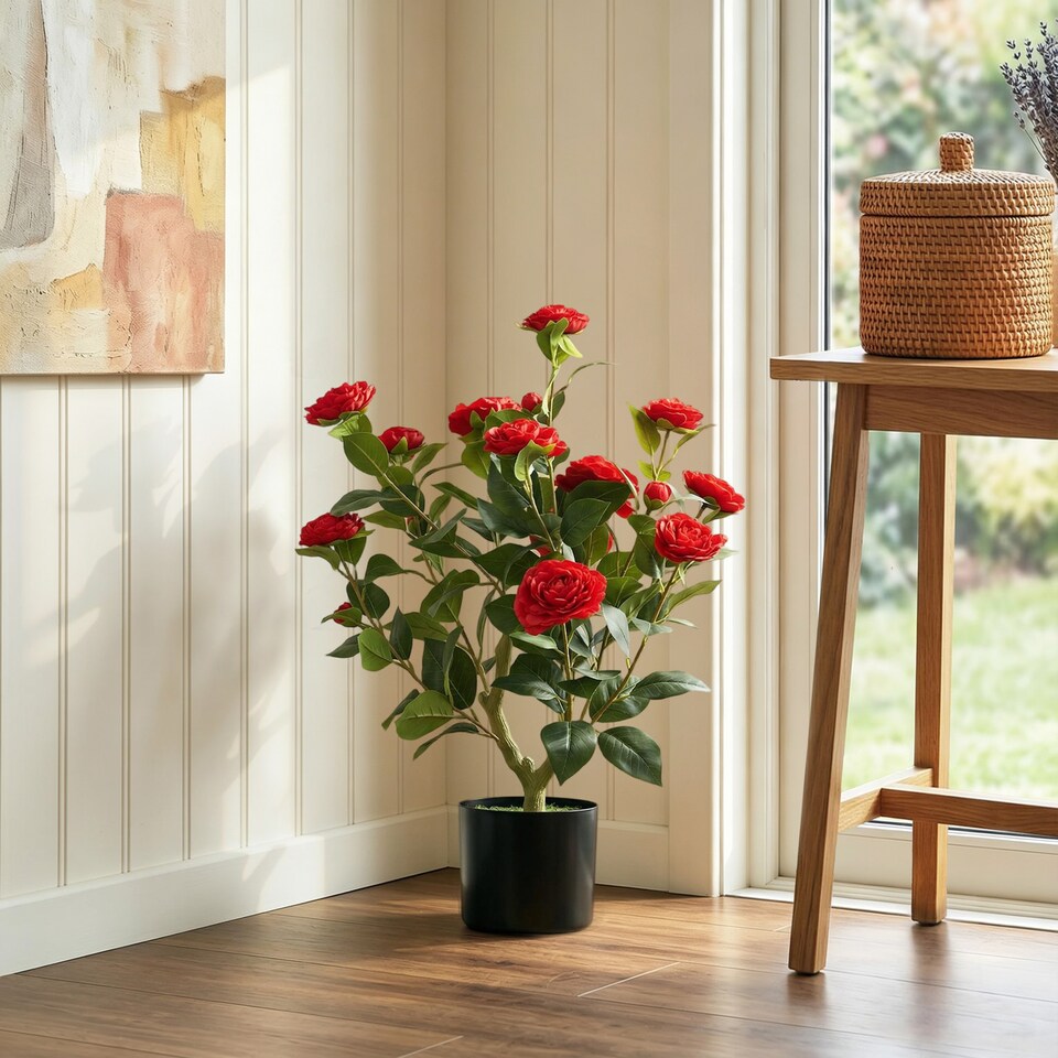 image 1 of HOMCOM 65cm Artificial Camellia Flower Plant with 116 Lush Leaves