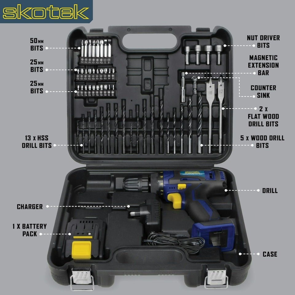 image 1 of Skotek 18V Cordless Drill & 54pc Screwdriver Set (Battery, Charger & Carry Case Included)