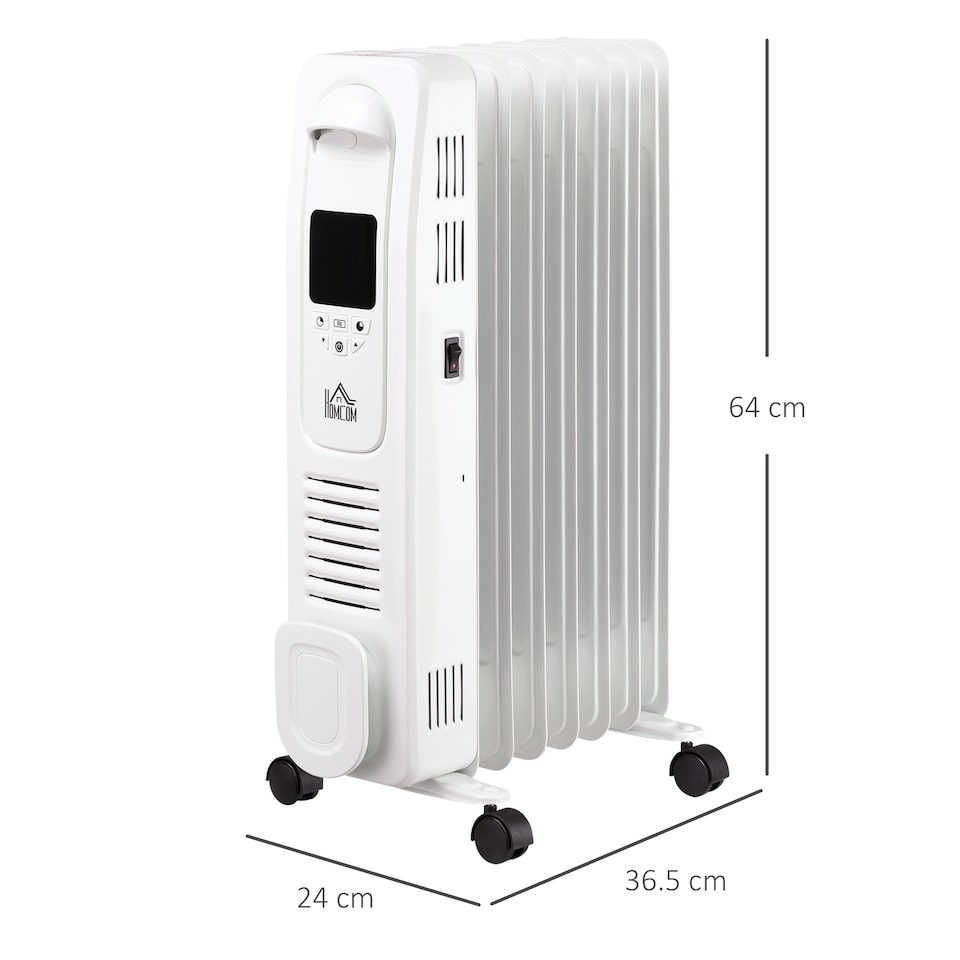 image 1 of HOMCOM 1500W Digital Oil Filled Radiator, 7 Fin, Portable Electric Heater with LED Display, 24-Hour Timer, 3 Heat Settings, Safety Cut-Off and Remote Control, White