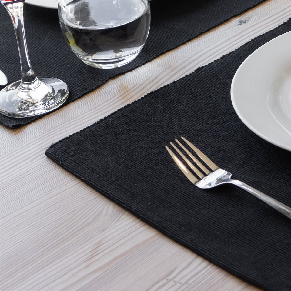 image 1 of Nicola Spring Ribbed Cotton Placemats - 48 x 33cm - Black - Pack of 6 | Black | Black