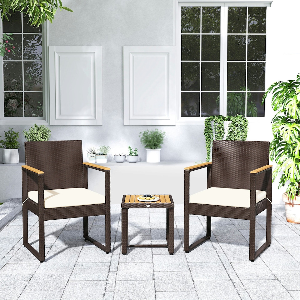 image 1 of Outsunny 3-Piece Rattan Bistro Set with Acacia Wood Table, White