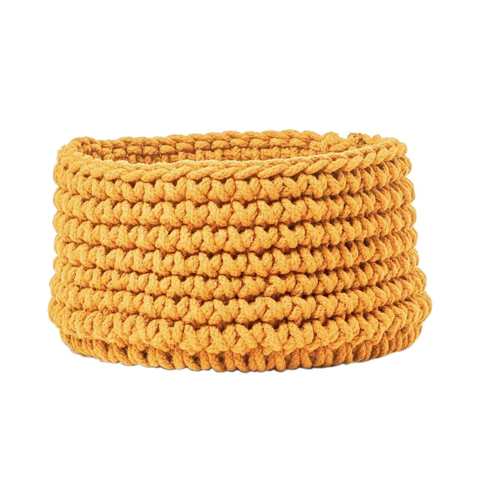 image 1 of Homescapes Yellow Cotton Knitted Round Storage Basket - 37 x 21 cm | Yellow | Yellow | M