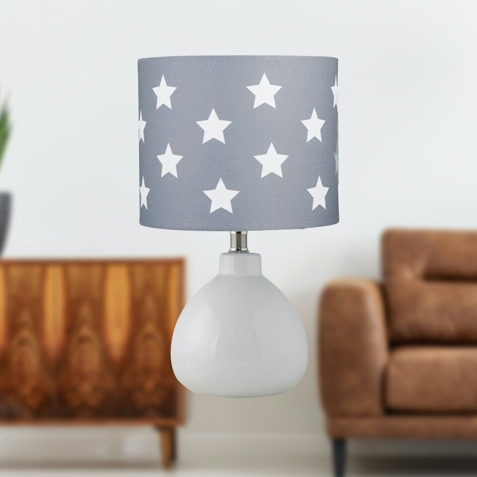 image 1 of First Choice Lighting Tuscan White Ceramic Lamp with Grey & White Stars Shade White | Grey