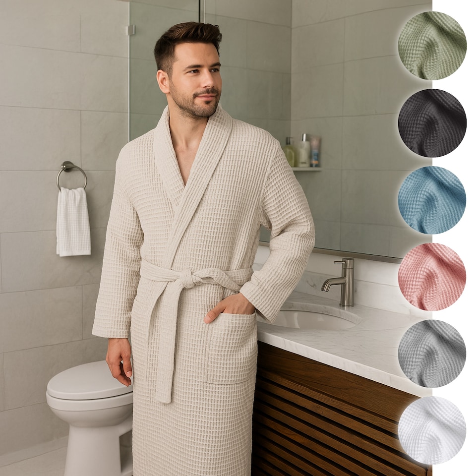 image 1 of Unisex Lightweight Waffle Bathrobe Dressing Gown - Super Soft, Quick Dry Spa Kimono Robe (Linen, L/XL) | Multi | Linen | One size