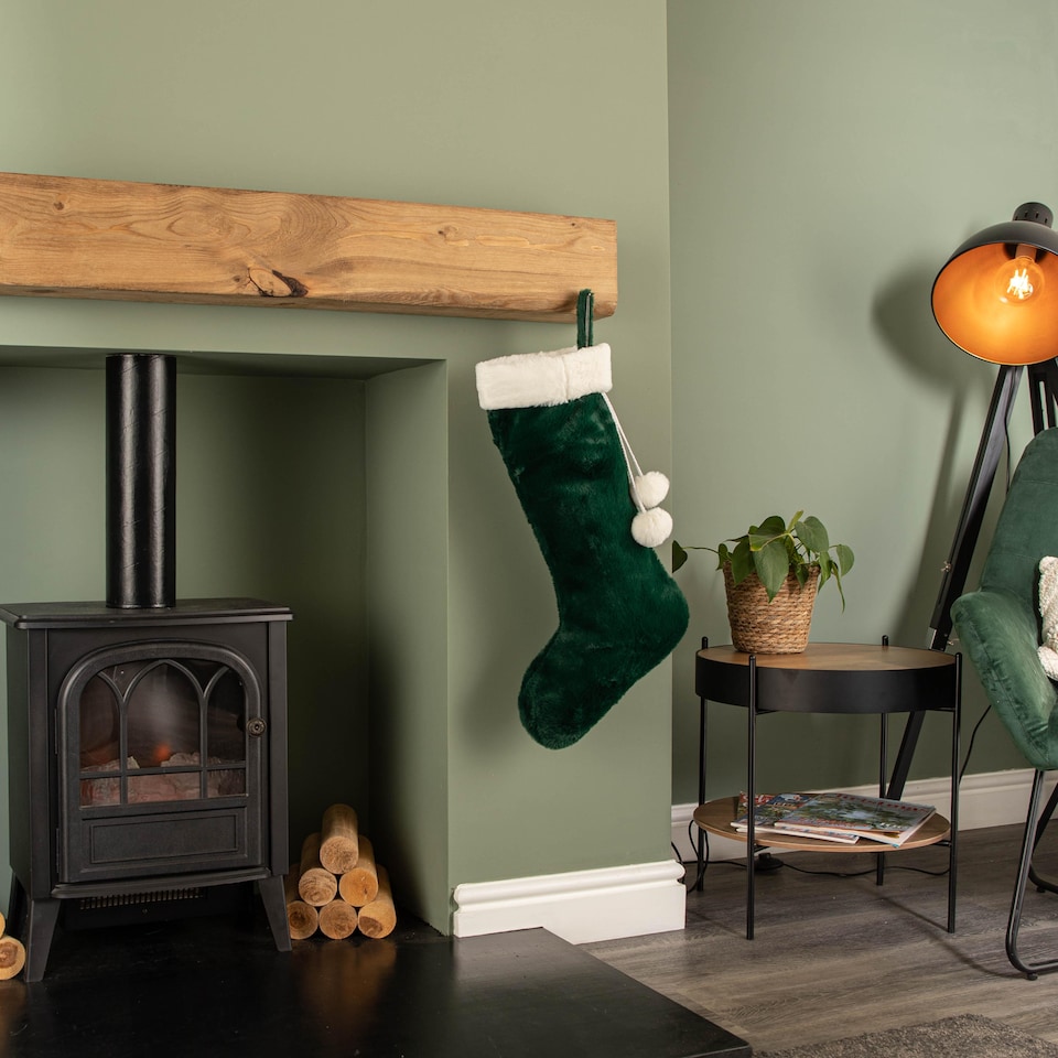 image 1 of 60cm Green Christmas Stocking with White Cuff and Pom Poms