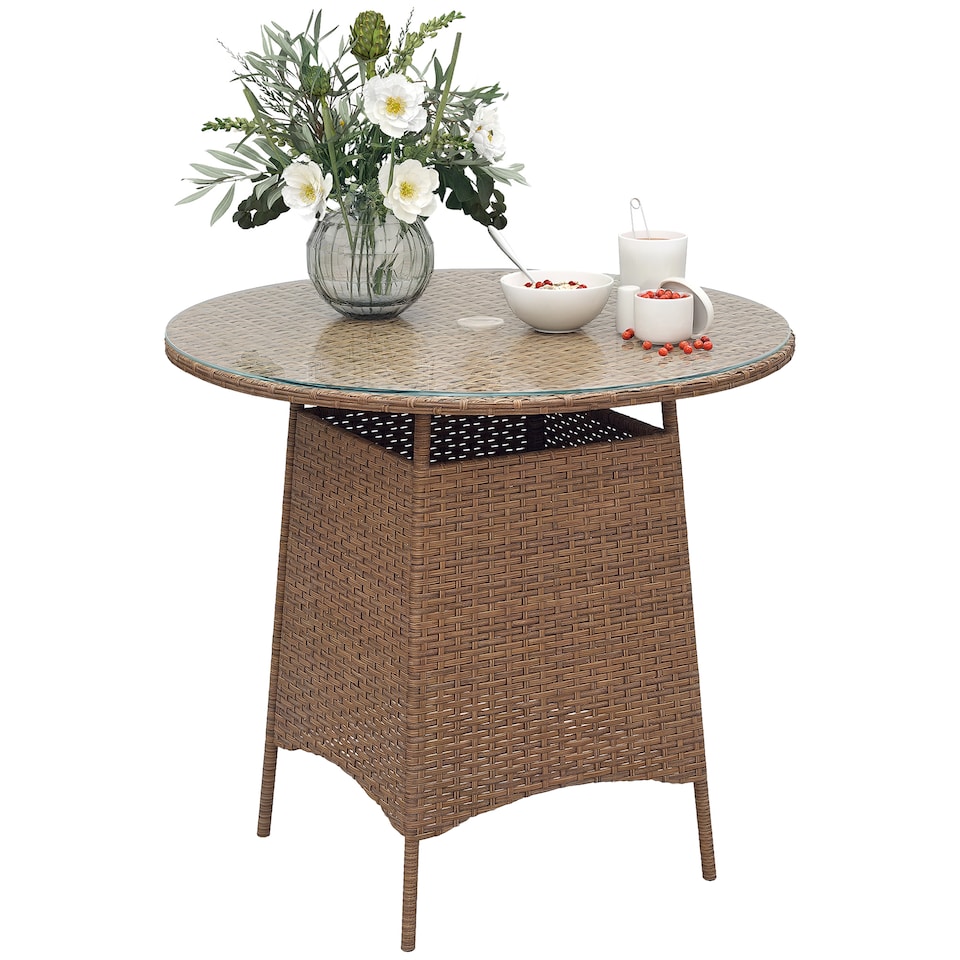 image 1 of Outsunny Patio Furniture Rattan Garden Table with Umbrella Hole, Brown