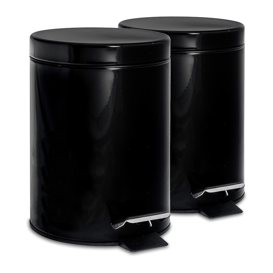 image 1 of Harbour Housewares 2x Bathroom Pedal Bins - 3L - Black - Round Stainless Steel Slim Rubbish Dustbin Lid and Inner Liner Bucket