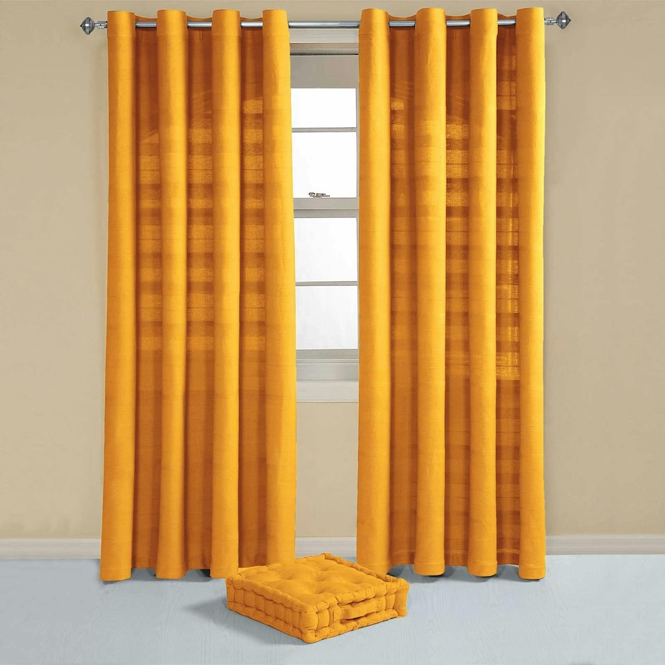 image 1 of Homescapes Cotton Rajput Ribbed Mustard Yellow Curtain Pair - 66 x 90 Inches | Yellow | Mustard Yellow