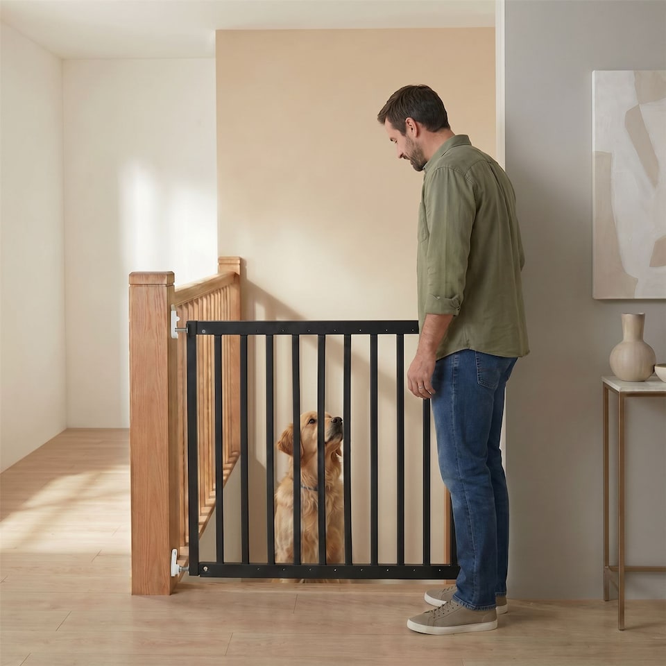 image 1 of Safetots Top of The Stairs Screw Fitted Stair Gate, Black Wooden, 63.5cm - 105.5cm, Wood Baby Gate, Screw Fit Safety Barrier, Stylish and Practical Safety Gate
