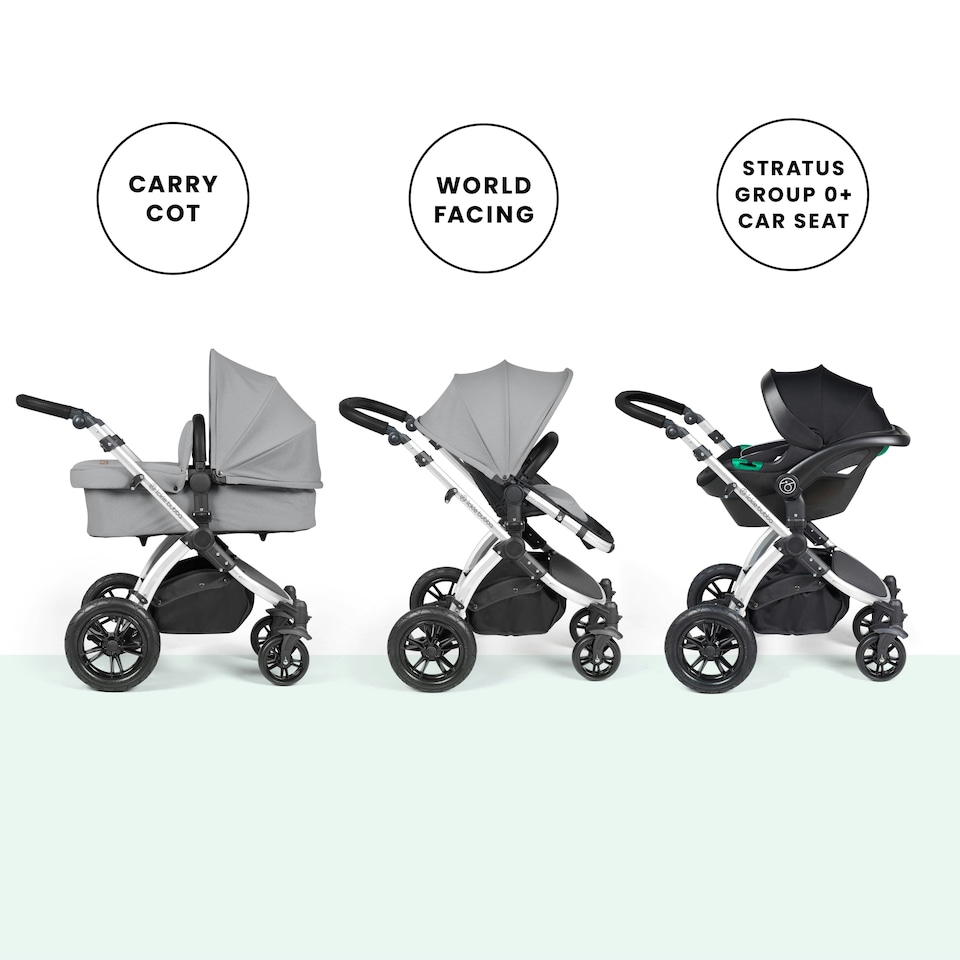 image 1 of Stomp Luxe 12pc Travel System with Stratus i-Size Car Seat & ISOFIX Base, Carrycot, Reversible Seat, Rain Cover & More (Black/Pearl Grey/Black)