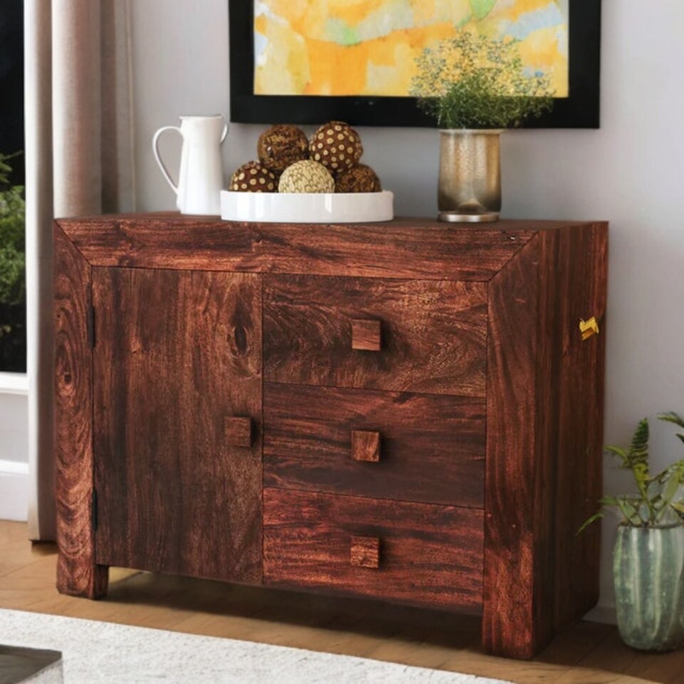 image 1 of Mary Mango Wood Sideboard 3 Drawers 1 Door Brown