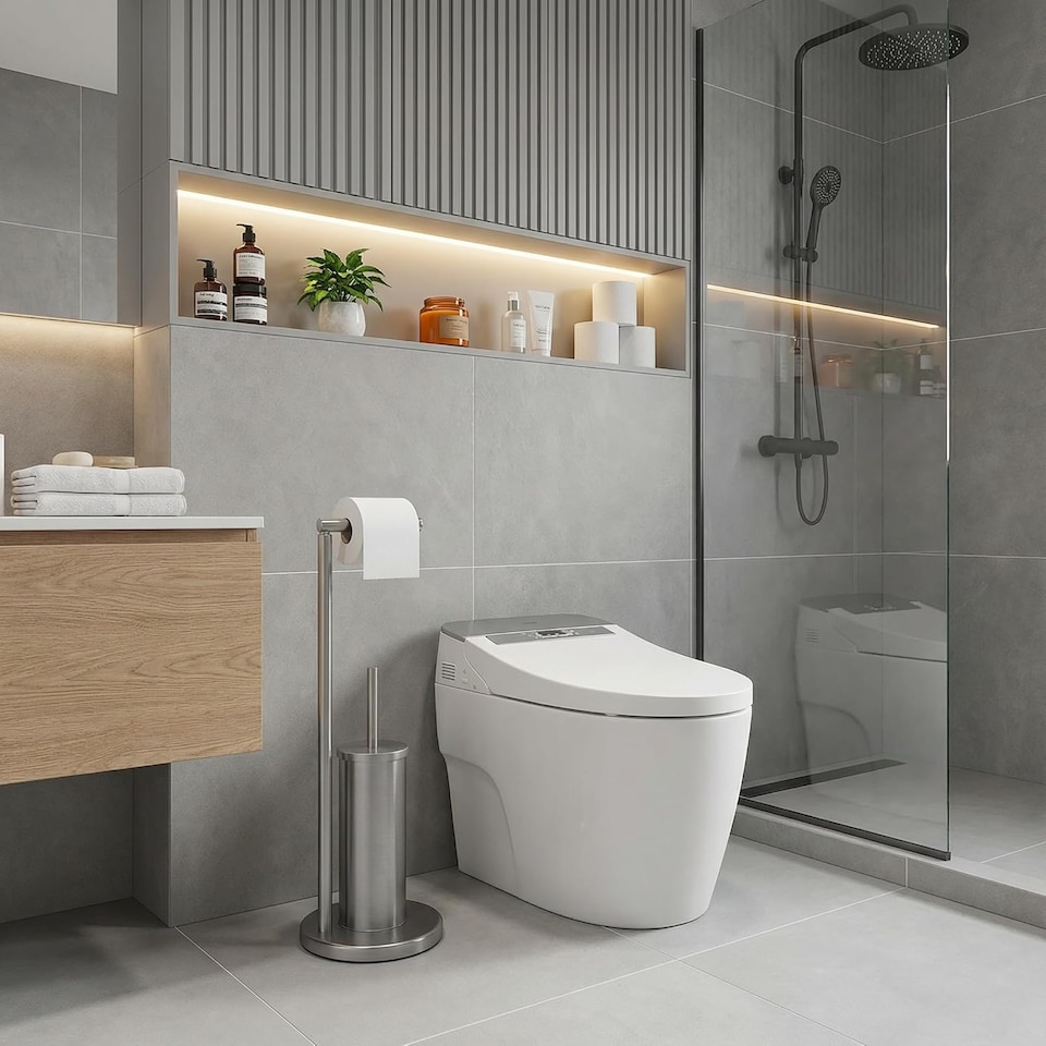 image 1 of Alivio 2-in-1 Freestanding Toilet Paper Holder with Brush (20.5 x 67cm)