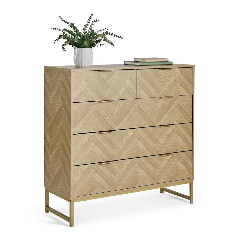 image 1 of VonHaus Ducie Chest of Drawers with Gold Frame & Herringbone Finish | Brown