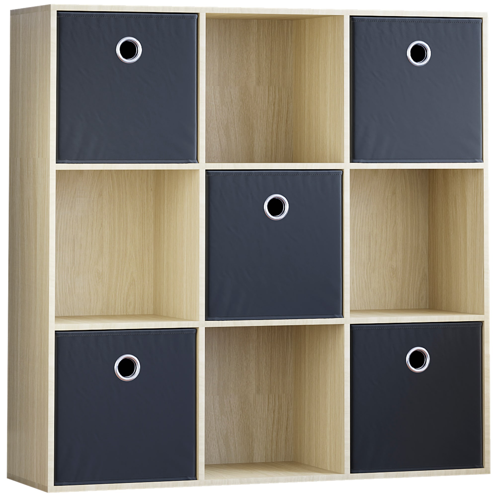 Vida Designs Durham 3x3 Cube Storage Unit, Oak & Set of 5 Black Cube Storage Baskets