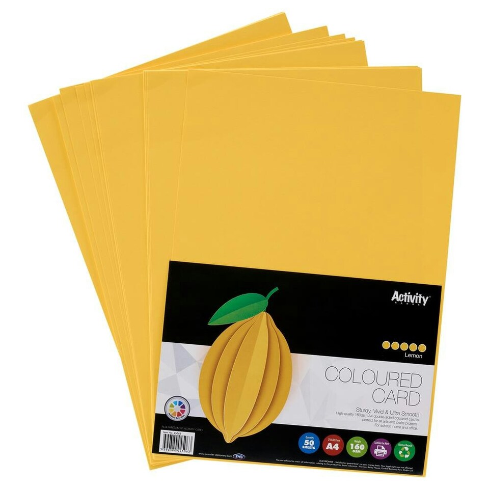 image 1 of Pack of 50 Sheets A4 Lemon Yellow 160gsm Card by Premier Activity