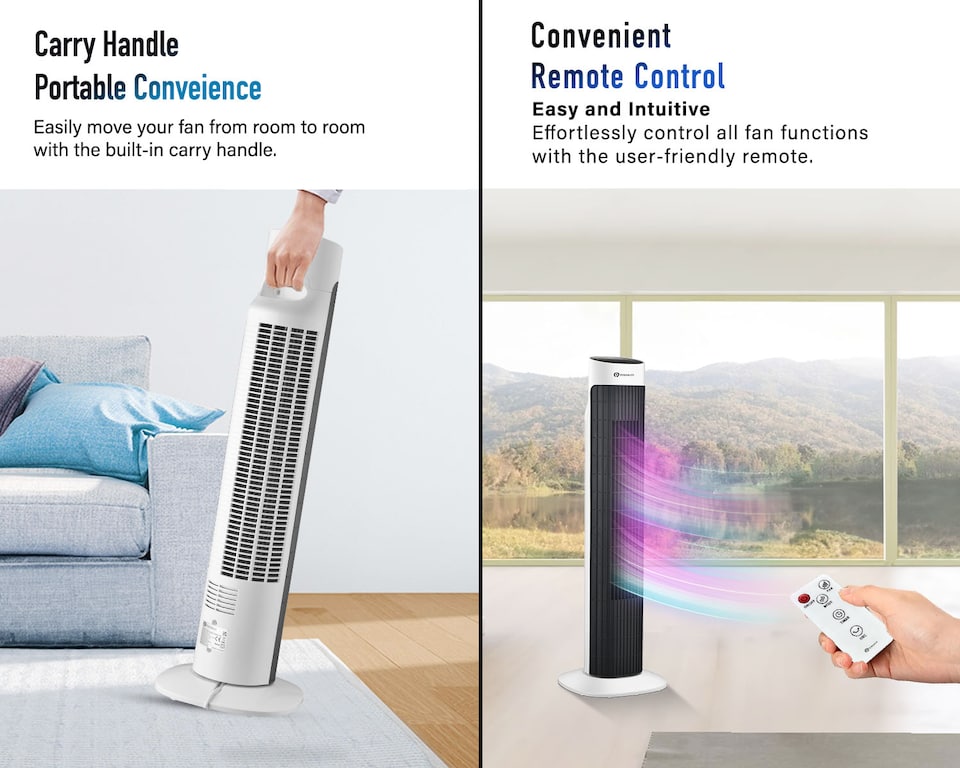 image 1 of PureMate 32-inch Oscillating Tower Fan with Timer, Sleep Mode and Remote Control