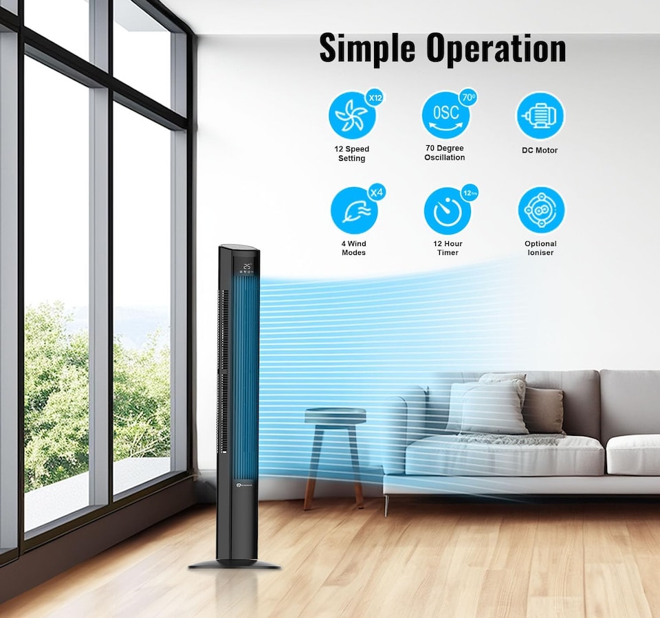 image 1 of 47 inch Oscillating Tower Fan with Remote Control Black
