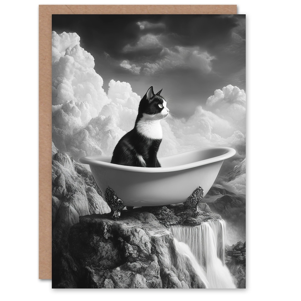image 1 of Cat Lover Kitten Bathtub Waterfall Cliff Surreal Birthday Greeting Card