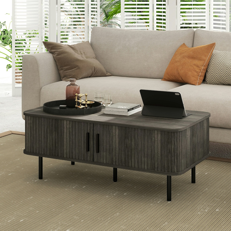 image 1 of HOMCOM Coffee Table with Storage and Sliding Doors for Living Room Grey