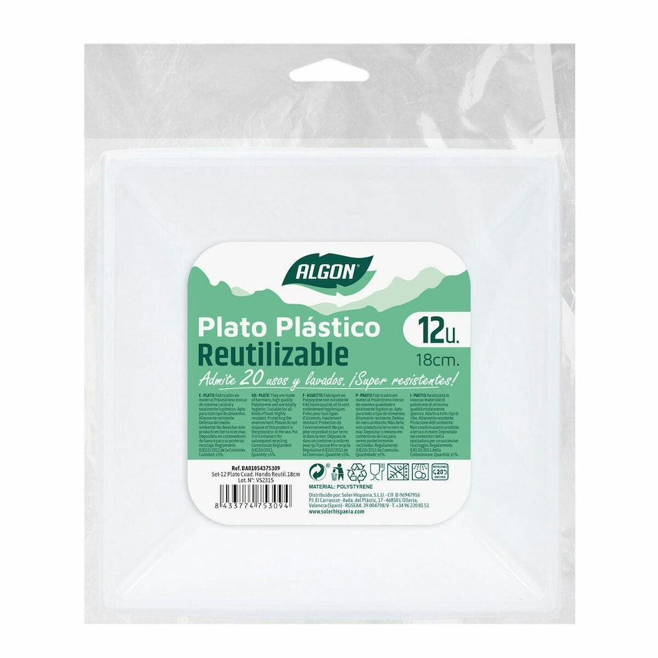 image 1 of Set of reusable plates Algon Squared White Plastic 18 x 18 x 4 cm (24 Units) N/A