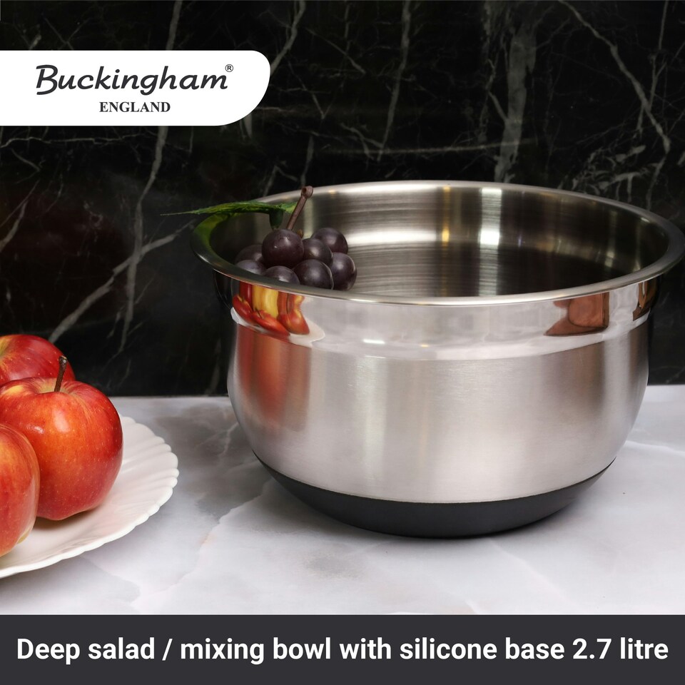 image 1 of Buckingham Stainless Steel Deep Salad / Mixing bowl with black silicone base 2.7 Litre/ 21.5 cm